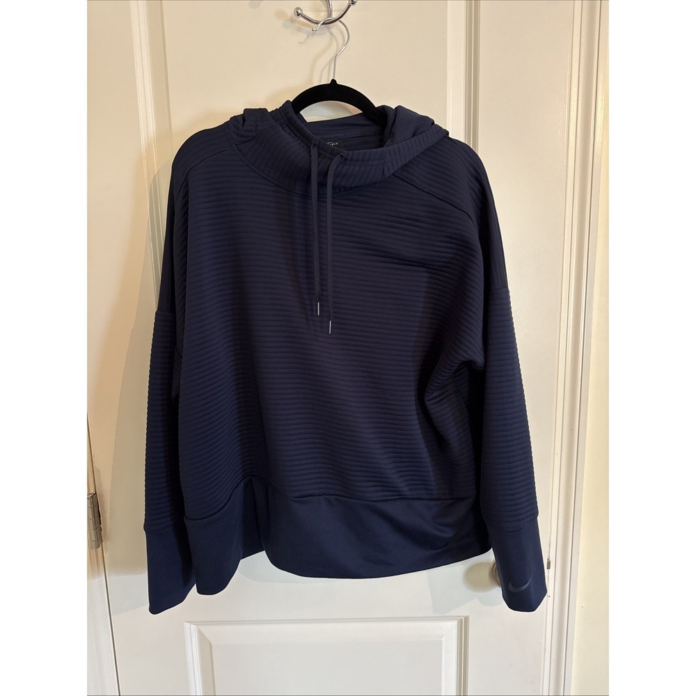 Nike Women's Dri-FIT Ribbed Hoodie Pullover Sweatshirt Navy Blue XL Training